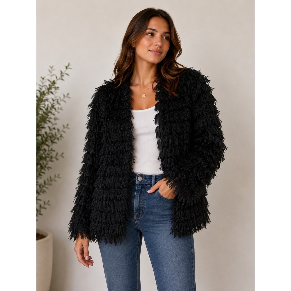 Club L London Womens Black Shaggy Fringe Tiered Open Front Jacket Size Large